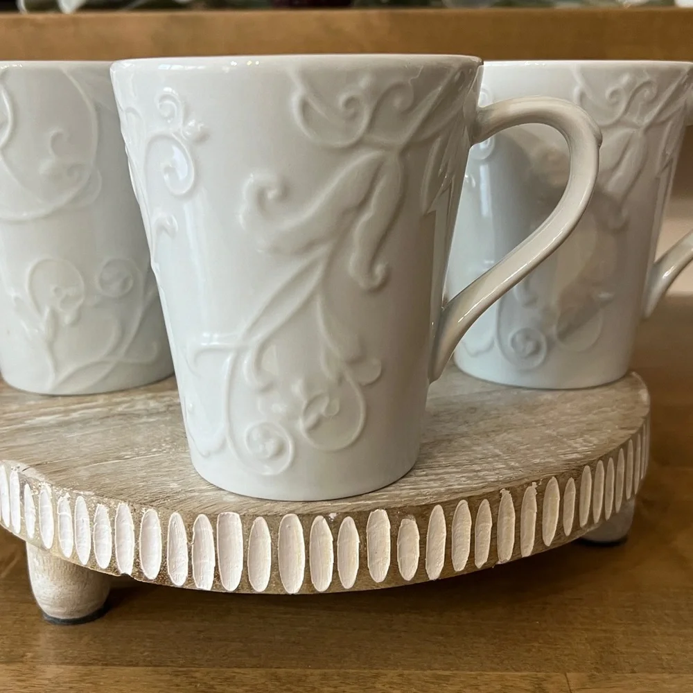 Corning Corelle Coordinates Bella Faenza White Embossed Porcelain Mugs Set of 4 - Picture 2 of 5